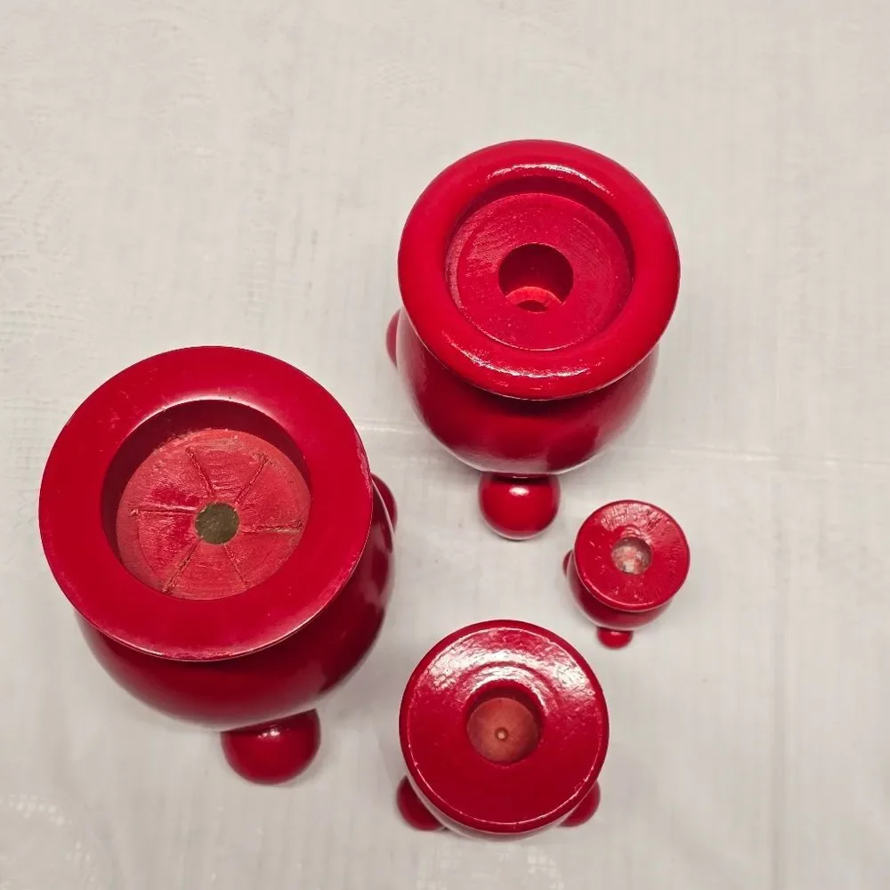 Vintage Scandinavian Swedish Wooden Red Topper Candlestick Candle Holder Set